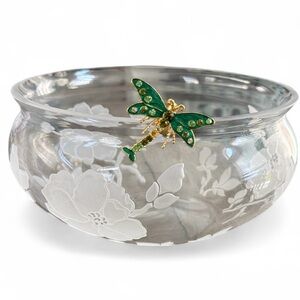Lenox Garden Jewels Dragonfly 8” Round Crystal Bowl – Etched Floral Design